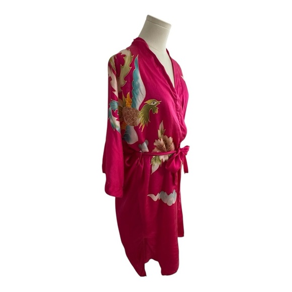 100% Silk Robe & Slip Dress Pink Bird Floral Luxury Shusimai Japan Silky S M Set - Picture 3 of 10